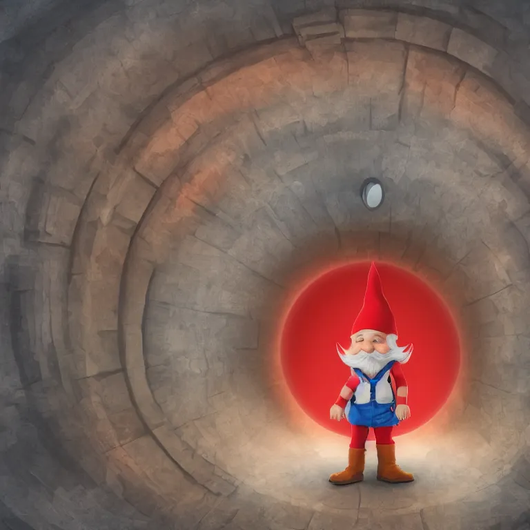 Prompt: gnome wearing backpack, standing in front of a circular portal, open to a red world. Detailed digital matte painting in the style of Dr. Suess