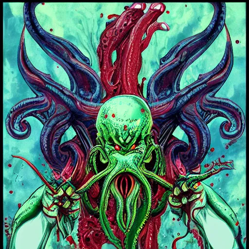 Image similar to 4 k colored headshot of godlike cthulhu with defined arms and open hands and bloody clothes with giant mandala wings, intricate face, flawless anime cel animation by kentaro miura, psychedelic, highly detailed upper body, professionally post - processed, beautiful, scary, symmetry accurate features, epic, octane rendered, anime masterpiece, accurate