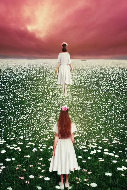 Image similar to giant white daisy flower crown head, veil girl walking in a flower field, surreal photography, sunrise, dramatic light, impressionist painting, colorful clouds, digital painting, artstation, simon stalenhag