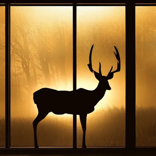 Prompt: a silhouette of a great deer standing majestic in a large industrial room with massive windows, golden light, smoke, backlit, realistic photo, artstation