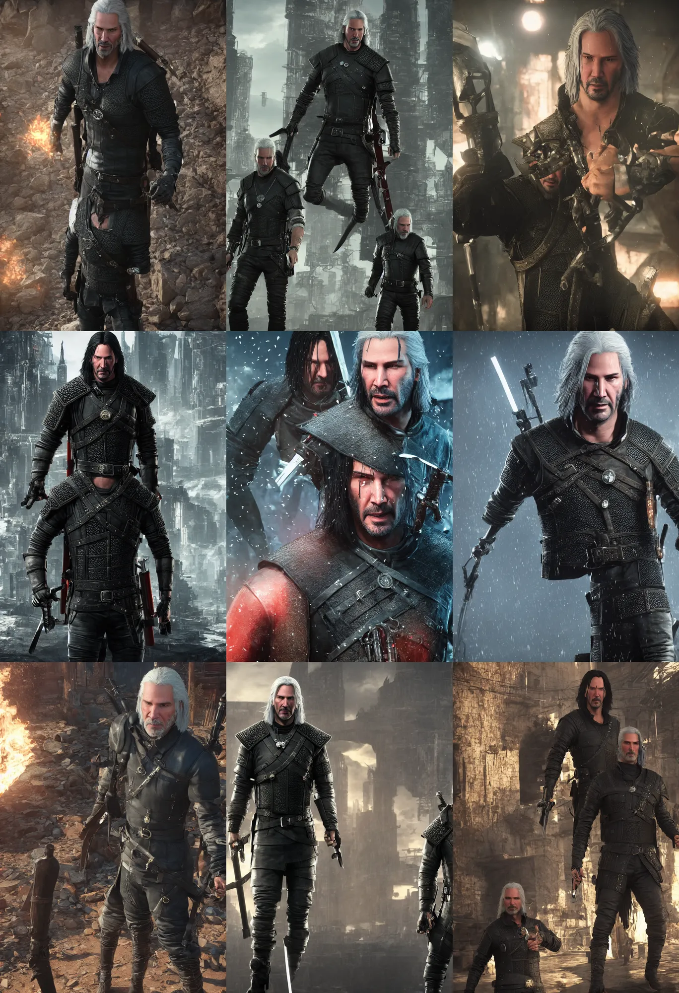 Prompt: keanu reeves as geralt of rivia, in the style of johnny silverhand from cyberpunk, unreal engine 5, 8 k, sharp and detailed