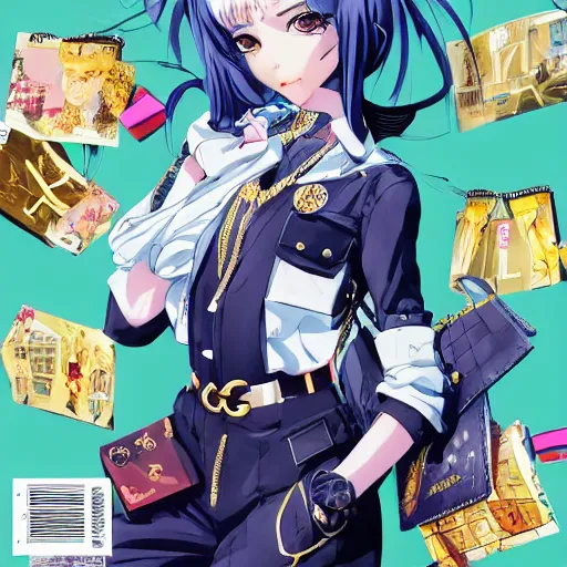 Image similar to Magazine Cover Anime key visual of a Gucci girl; official media; typography; drawn by Hirohiko Araki; Jojo's Bizarre Adventure; Jojolion, portrait, made by Stanley Artgerm Lau, WLOP, Rossdraws, James Jean, Andrei Riabovitchev, Marc Simonetti, Yoshitaka Amano, ArtStation