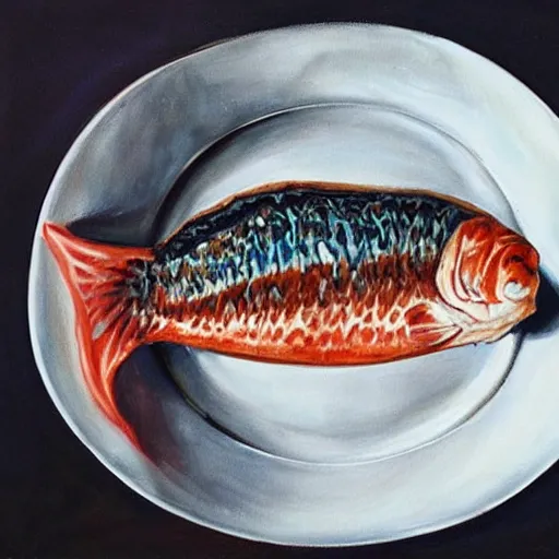 Image similar to realistic painting of a fish transforming into a sausage, presentation on a plate, mid - transform