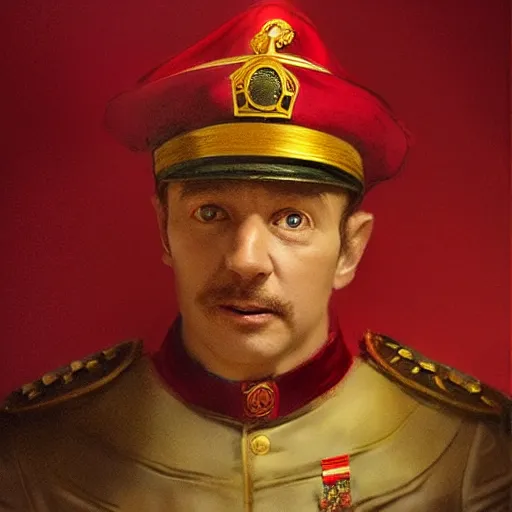 Prompt: realism portrait Captain Phil wears an officer uniform whilst wearing a red velvet robe and golden crown anna podedworna arkhip kuindzhi raphael lacoste guillem h. pongiluppi grisaille