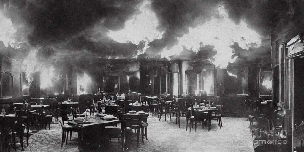 Image similar to the interior of a luxury restaurant that is burning while odd monsters appear in the background, 1 9 0 0 s photograph