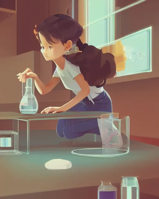 Image similar to a little girl is doing a science experiment. clean cel shaded vector art. minimalist illustration art by lois van baarle, artgerm, helen huang by makoto shinkai and ilya kuvshinov, rossdraws