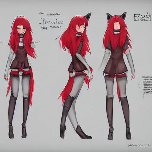 Prompt: female character sheet, concept art, fox legs, fox ears, part fox, anthropomorphic female, lone female, red hair, character sheet, sketch.