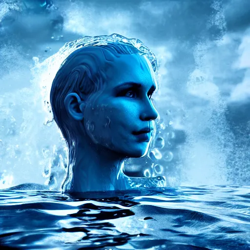 Image similar to water artwork manipulation in the shape of a human head, on the ocean water, ray tracing, realistic water sharp focus, long shot, 8 k resolution, cinematic, artstation