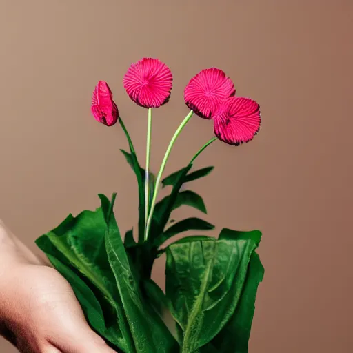 Prompt: A hand with too many fingers holding a plastic flower with a long stem, award-winning photo, DSLR color