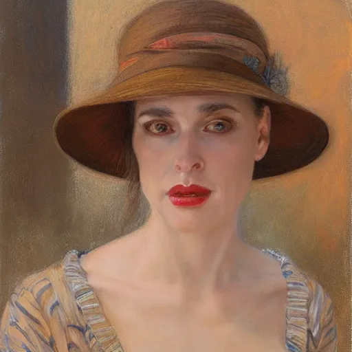 Prompt: portrait of a woman with little horns that peek out of her hat, by donato giancola.