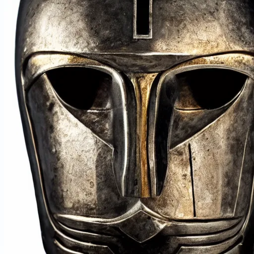 Prompt: a 4 k photo of a warrior knight mask made of chrome gold and iron by h. r. giger