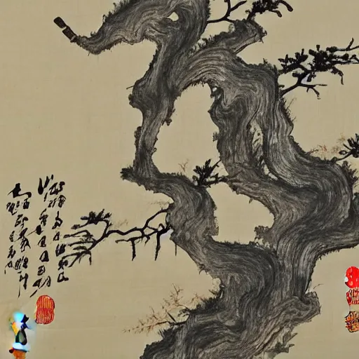 Prompt: Traditional Chinese painting: Withered vines, old trees, stands a sleepy crow. a small bridge, several cottages, with a stream flow.