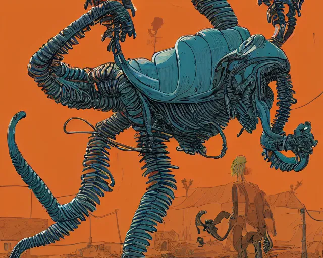 Prompt: a study of cell shaded cartoon of a xenomorph on a country road, street lamps, road, illustration, wide shot, subtle colors, post grunge, concept art by josan gonzales and wlop, by james jean, Victo ngai, David Rubín, Mike Mignola, Laurie Greasley, highly detailed, sharp focus, alien, Trending on Artstation, HQ, deviantart, art by artgem