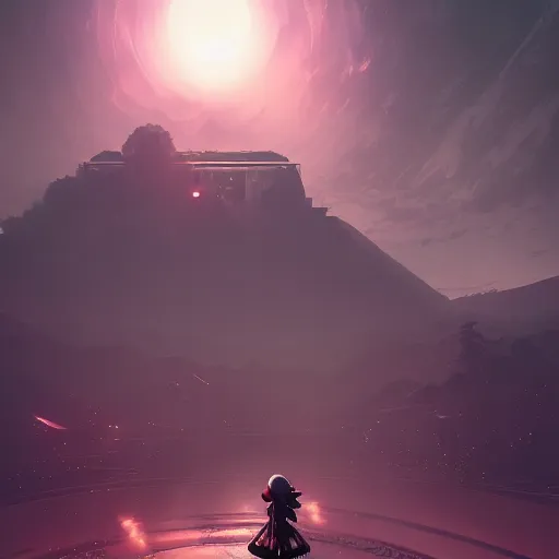 Image similar to beautiful landscape, nier automata, protoss temple, machine planet, pink sun, advanced technology, cinematic lighting, highly detailed, masterpiece, art by bastien grivet