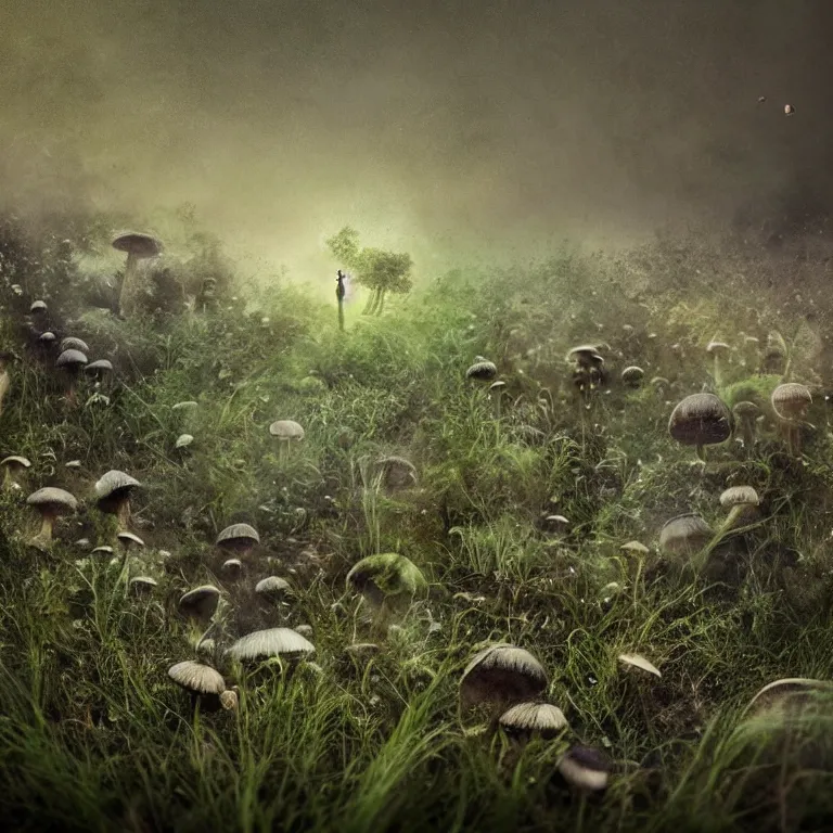 Image similar to a planet of various fungus, mushrooms and plants, inside the picture is infinity, Atmospheric phenomenon, artistic photography, muted colors, conceptual, long exposure outside the city, volumetric light