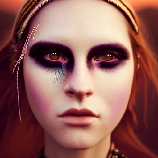 Prompt: photographic portrait of a stunningly beautiful renaissance female with tribal emo makeup in soft dreamy light at sunset, contemporary fashion shoot, by edward robert hughes, annie leibovitz and steve mccurry, david lazar, jimmy nelsson, breathtaking, 8 k resolution, extremely detailed, beautiful, establishing shot, artistic, hyperrealistic, beautiful face, octane render