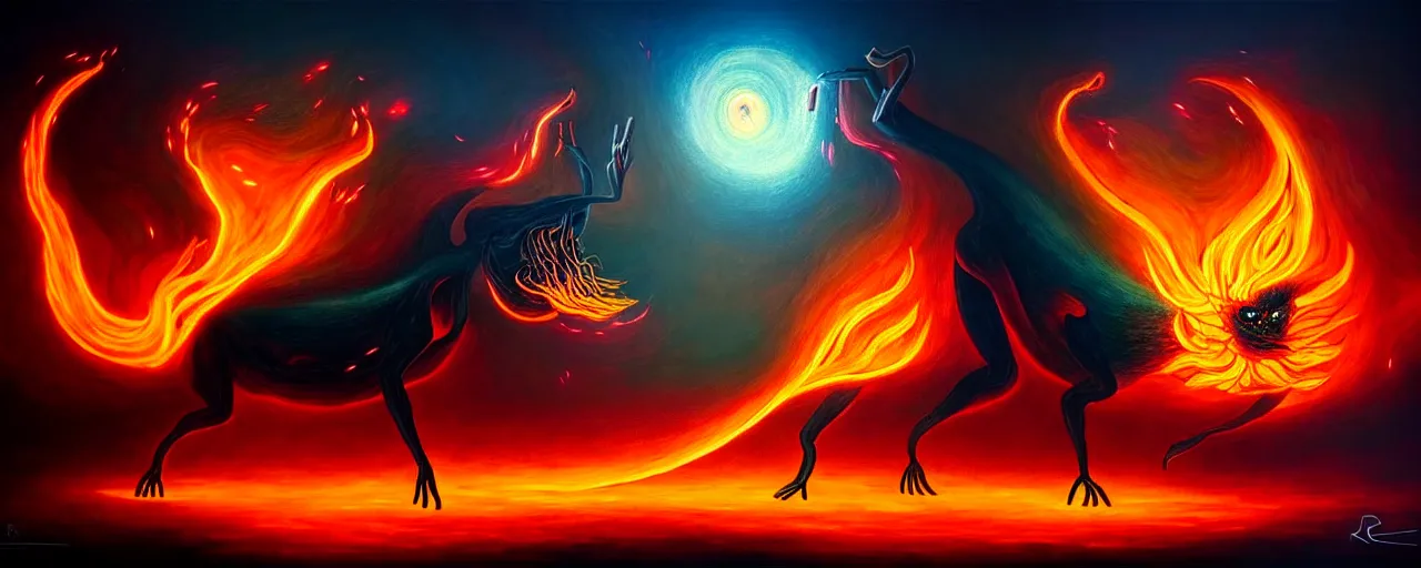 Image similar to whimsical fiery alchemical creatures, surreal dark uncanny painting by ronny khalil