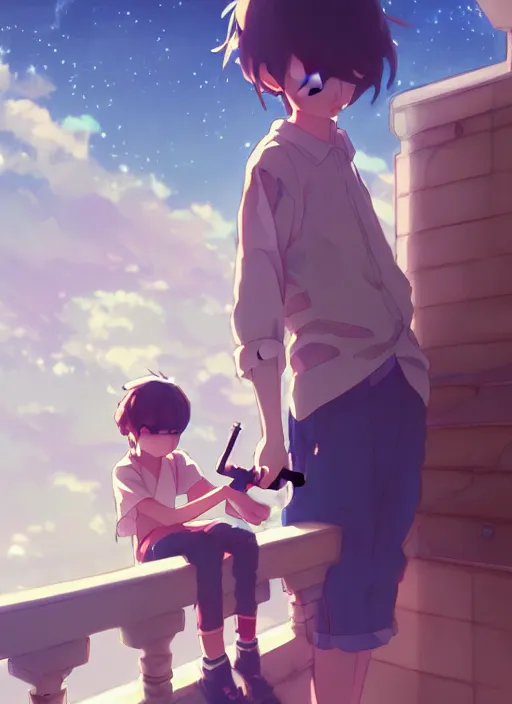 Image similar to boy teaching a girl using telescope on the balcony timidly, illustration concept art anime key visual trending pixiv fanbox by wlop and greg rutkowski and makoto shinkai and studio ghibli