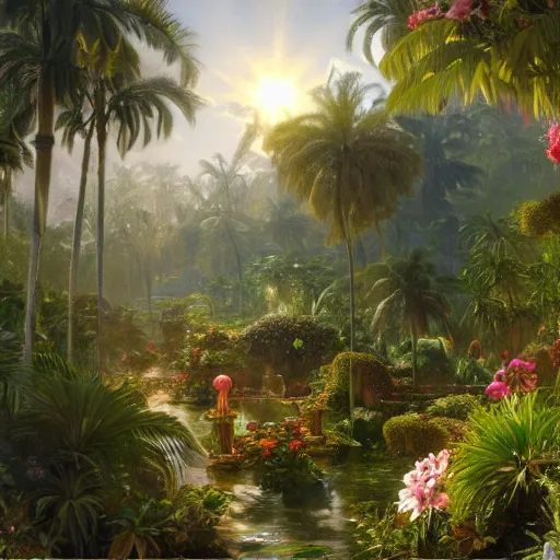 Image similar to a highly detailed matte painting of a garden hedge with tropical flowers, large palm trees, epic fantasy, god rays, ultrawide lens, aerial photography, unreal engine, exquisite detail, 8 k, art by albert bierstadt and alphonse mucha