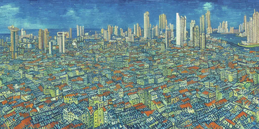 Image similar to panama city skyline by mc escher and van gogh, studio ghibli color scheme