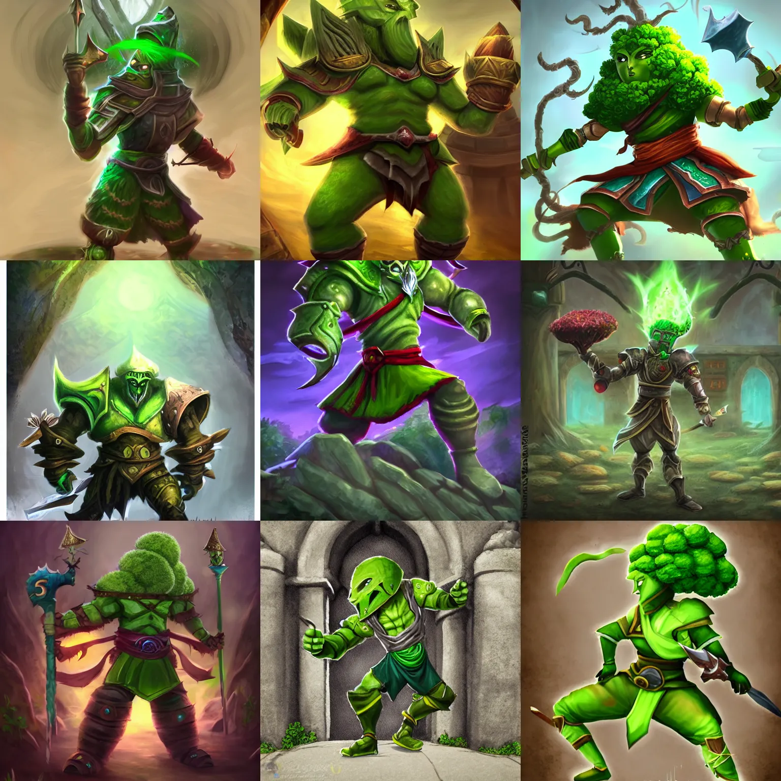 Prompt: anthropomorphic broccoli warrior in a battle stance in front of a castle gates, style of league of legends, style of magic the gathering, style of mortal kombat, golden ratio, rule of thirds, cinematic, fantasy, magic