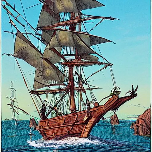 Prompt: brigantine pirate ship + large fruit tree on the deck + an observation tower + huge masts, detailed, smooth, sharp focus, high contrast, colourful, dramatic lighting, graphic novel, art by ralph bakshi, dave sim, frank quitely, moebius, jeff smith,