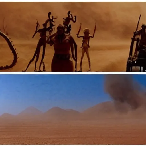 Prompt: frame from movie rango (2011), movie madmax fury road (2015) in a sandstorm