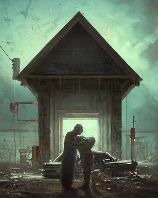 Image similar to a highly detailed epic cinematic concept art CG render digital painting artwork: old dead couple at a decayed gas station surrounded by dark figures. volumetric lighting. By Greg Rutkowski, in the style of Francis Bacon and Syd Mead and Norman Rockwell and Beksinski, open ceiling, highly detailed, painted by Francis Bacon and Edward Hopper, painted by James Gilleard, surrealism, airbrush, Ilya Kuvshinov, WLOP, Stanley Artgerm, very coherent, triadic color scheme, art by Takato Yamamoto and James Jean