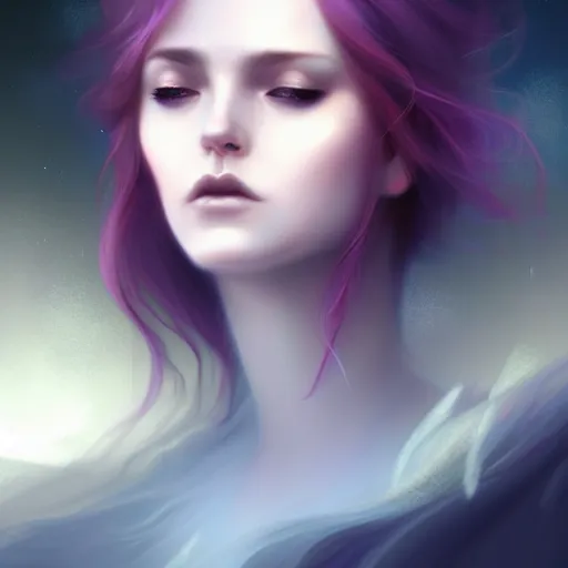 Prompt: empty space is filled by virtual particles a digital painting by Charlie Bowater , trending on Artstation, metaphysical painting, speedpainting, made of feathers mist and cloud , digital painting