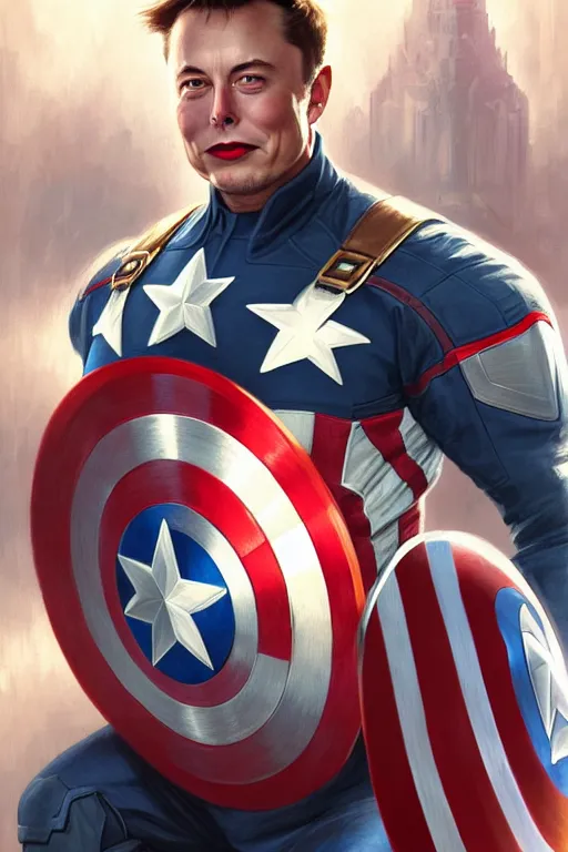 Image similar to elon musk as captain america, portrait, highly detailed, digital painting, artstation, concept art, smooth, sharp focus, illustration, cinematic lighting, art by artgerm and greg rutkowski and alphonse mucha