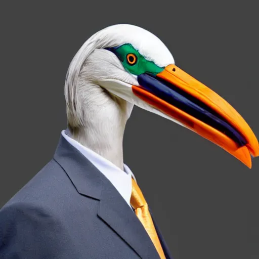 Prompt: stock photo of a man in a suit wearing a latex mask of a shoebill stork, realistic proportions, white background, rim lighting, dramatic