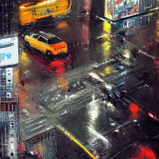 Prompt: bird's eyeview of spaceship landing in times square, nyc, night, wet pavement, by jeremy mann.