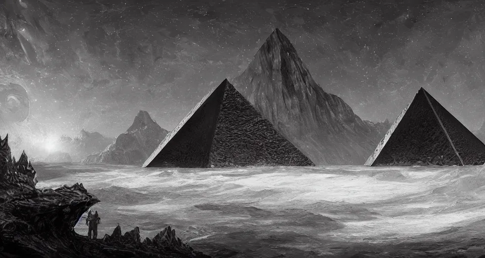 Prompt: black lovecraftian eldritch!! obsidian pyramid!! on a snowy island surrounded by still seas, with cosmic space in the background by eugene von guerard, ivan shishkin, cosmic space, concept art, trending on artstation, 8 k