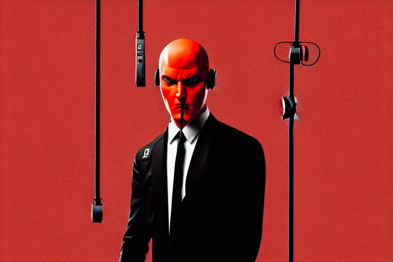 Image similar to an expressive portrait of agent 4 7 from hitman wearing headphones standing in front of a wall of vinyl records, speakers and cables, dark background, red rim light, digital art, artstation, concept art by giger stalenhag