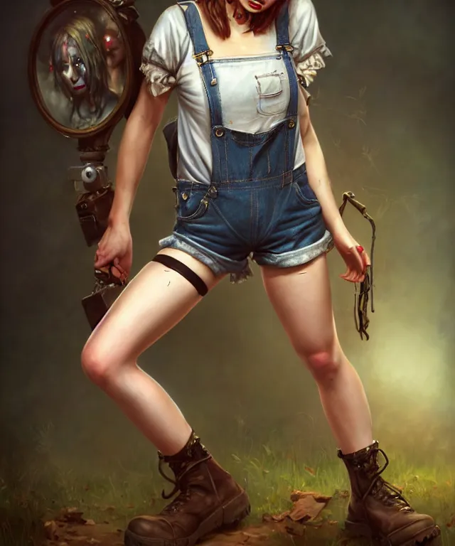 Image similar to full body pose, grungy alice, torn overalls, short shorts, combat boots, fishnets, beautiful, highly detailed face, true anatomy!, extremely detailed!, digital painting, unreal engine 5, art by tom bagshaw