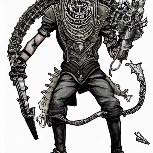 Image similar to a full body illustration of a lovecraft steampunk warrior