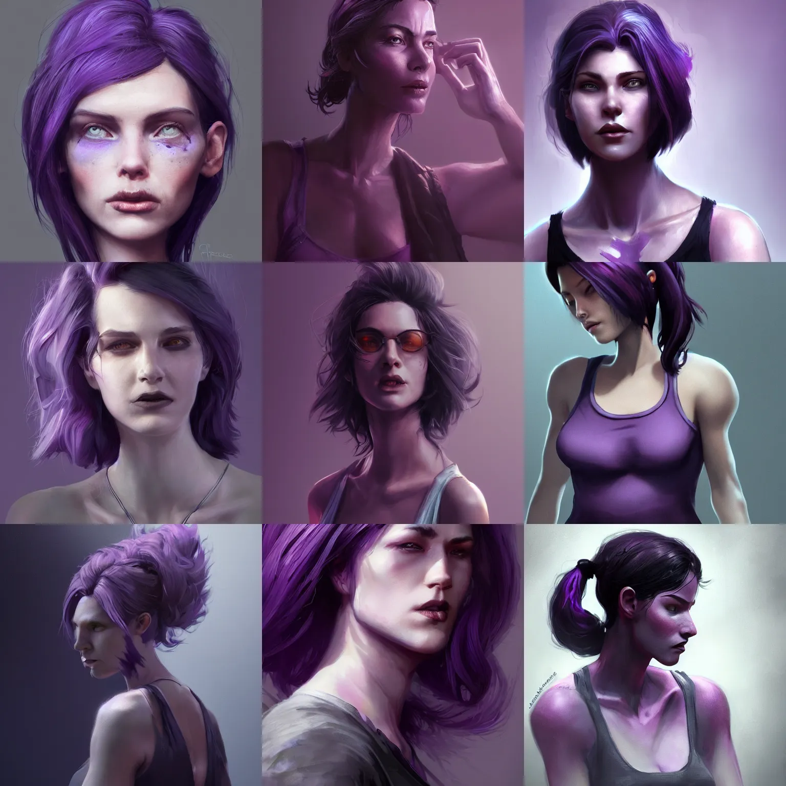 Prompt: woman with dark-purple hair wearing a grey tanktop, by Cedric Peyravernay, highly detailed, excellent composition, cinematic concept art, dramatic lighting, trending on ArtStation