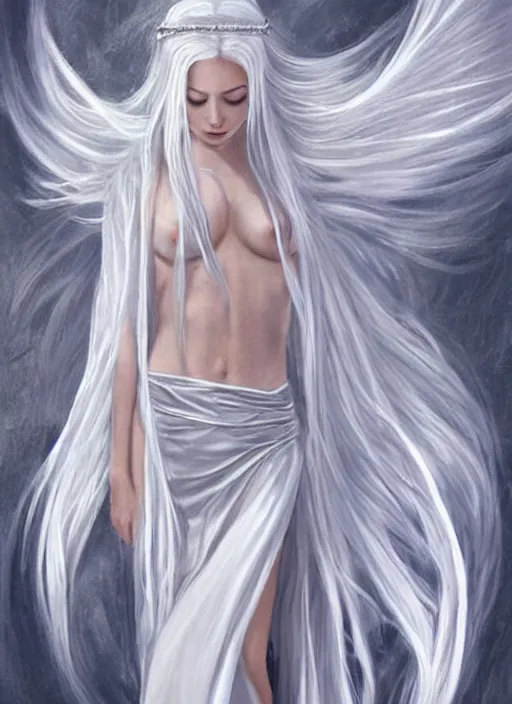 Image similar to tall thin beautiful goddess, pale wan feminine angel, long flowing silver hair covering her whole body, beautiful painting, young wan angel, flowing silver hair, flowing white robes, flowing hair covering front of body, white robe, white dress of silver hair, aesthetic, mystery