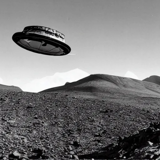 Image similar to photo of a ufo crashed into a mountain, black and white photo