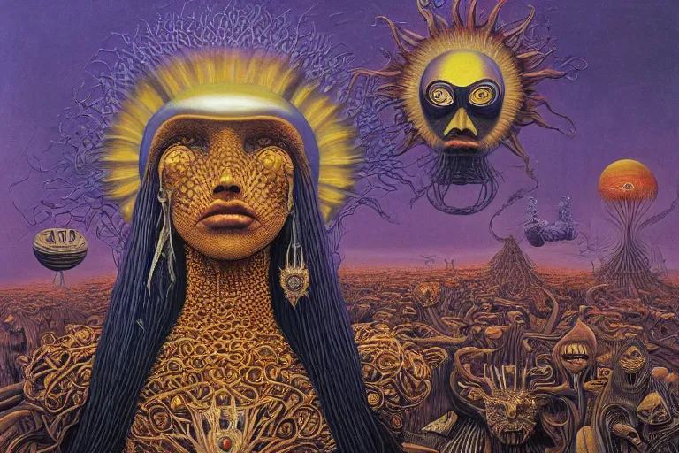 Image similar to THE QUEEN OF THE SUN by jacek yerka, alex gray, zdzisław beksiński, dariusz zawadzki, jeffrey smith and h.r. giger, oil on canvas, 8k highly professionally detailed, trending on artstation