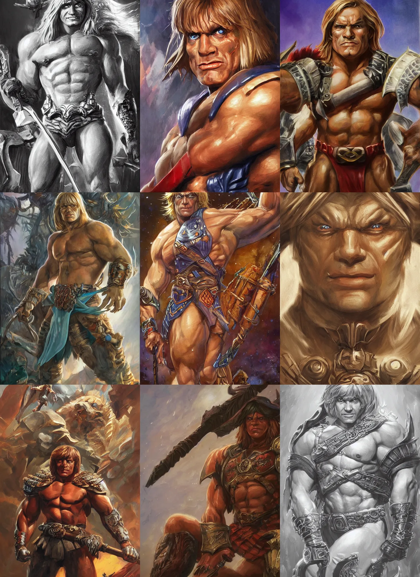 Prompt: he - man, closeup portrait, sci fi, fantasy, intricate, with german iron cross onbare chest, elegant, loin cloth, highly detailed, oill painting, artstation, concept art, matte, sharp focus, painting by earl norem!!