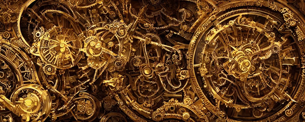 Prompt: dynamic composition, intricate golden clockwork machine with cogs!!!!!!, steam punk, steampunk, art deco!, ornate gilded cosmic machine, in the style of simon lee and jama jurabaev, engraved, artgerm, wlop, featured on cgsociety, unreal engine, 8 k render, octane, raytracing, photorealistic