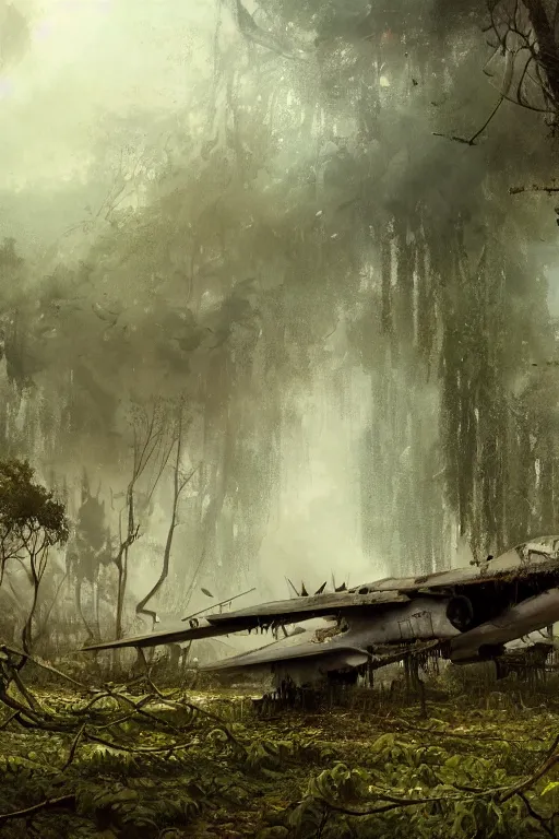 Image similar to decayed aircraft Nimitz laying on the ground overgrown with vegetation and hanging vines, post apocalyptic, tropical forest, by Luis Royo, by Greg Rutkowski, dark, gritty, intricate, cover illustration, concept art, volumetric lighting, volumetric atmosphere, sharp focus, octane render, trending on artstation, 8k,