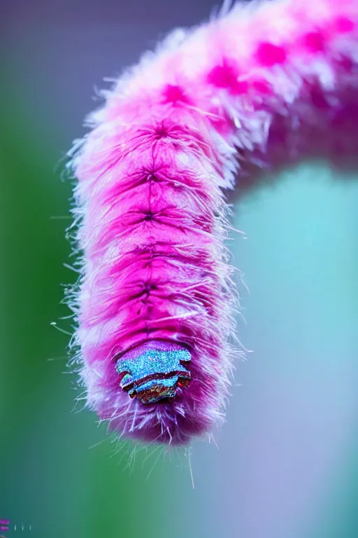 Image similar to high quality close-up photo pearlescent fluffy caterpillar! gorgeous highly detailed hannah yata elson peter cinematic pink lighting high quality low angle hd 8k sharp shallow depth of field