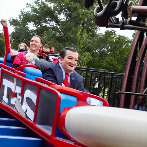 Prompt: Ted Cruz riding a roller coaster in six flags