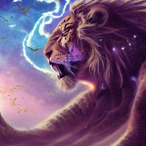 Image similar to the ancient world, hyper complexity, highly detailed, cinematic lighting, pastel colored sunrise, flying robotic tiger with gold metal huge wings on its back in the cloudy sky, sharp outlines, complete whole lion body, another sleeping tiger face in the clouds watching each other, hyperrealistic, trending on pixiv fanbox, love death robot,