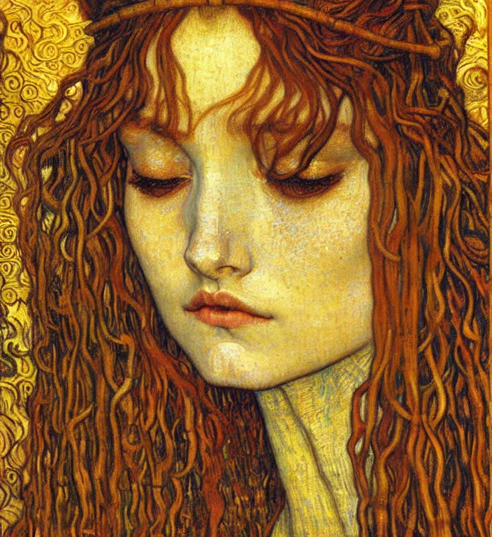 Image similar to detailed realistic beautiful young medieval queen face portrait by jean delville, gustav klimt and vincent van gogh, art nouveau, symbolist, visionary, gothic, pre - raphaelite, muted earthy colors, desaturated