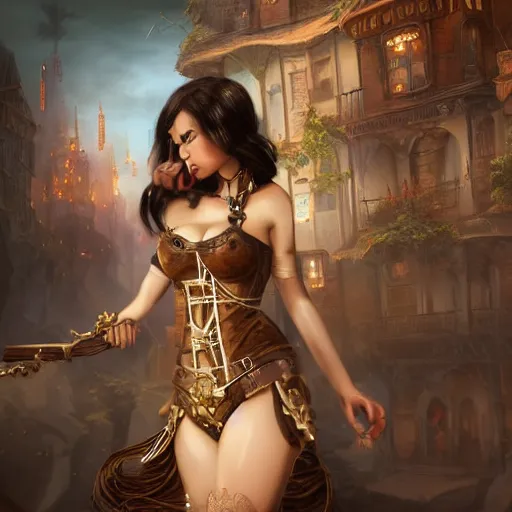 Prompt: fantasy woman in steampunk town, details face, detailed body, unreal engine, by popular digital artist, digital, artstation, detailed body, heavenly atmosphere, digital art, overdetailed art, trending on artstation, cgstudio, the most beautiful image ever created, dramatic, award winning artwork, beautiful scenery
