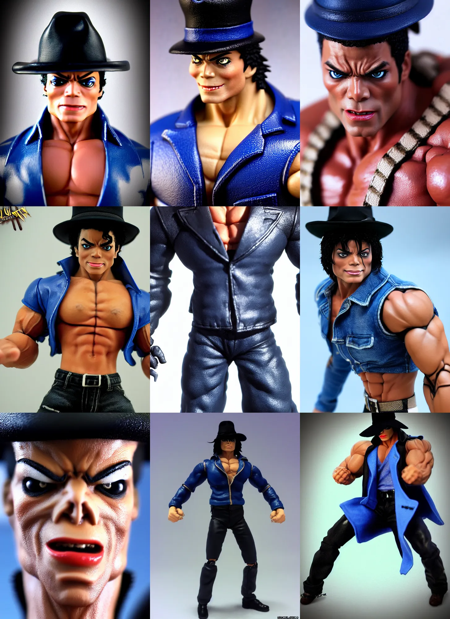 Prompt: macro face shot of michael jackson oversized muscular hulked powerlifter with fedora hat by neca!!! pretty! beautiful! action pose shirtless muscular black pants blue military jacket very detailed realistic action figure by neca in the style of jojo adventure, character from king of fighters, film still, bokehs