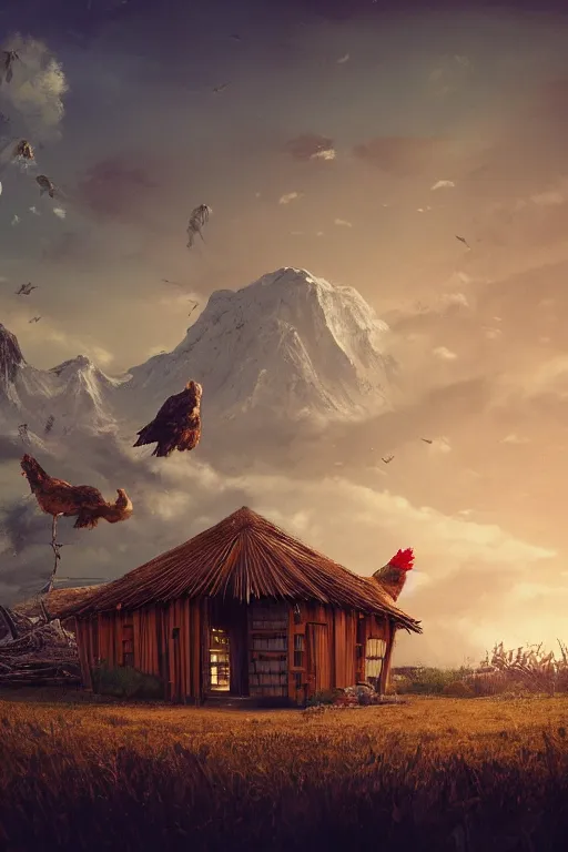 Image similar to an awesome twilight day concept art of giant old hut mixed with giant chicken, by kengo kuma and wes anderson with village, mixed development, cgsociety, fantastic realism, artstation hq